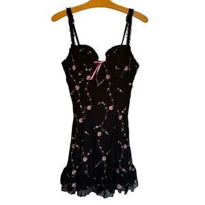 NWT Dolls Kill Sugar Thrillz I'm Baby Mini Slip Dress Floral Black Mesh Babydoll